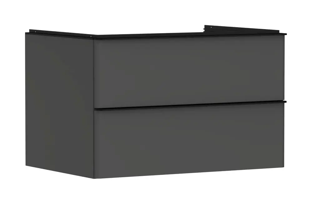 Heller Waschtischunterschrank von Hansgrohe, bestehend aus zwei Schubkästen, mit schlichten Linien und lackierter Oberfläche, geeignet für einen Aufsatzwaschtisch.